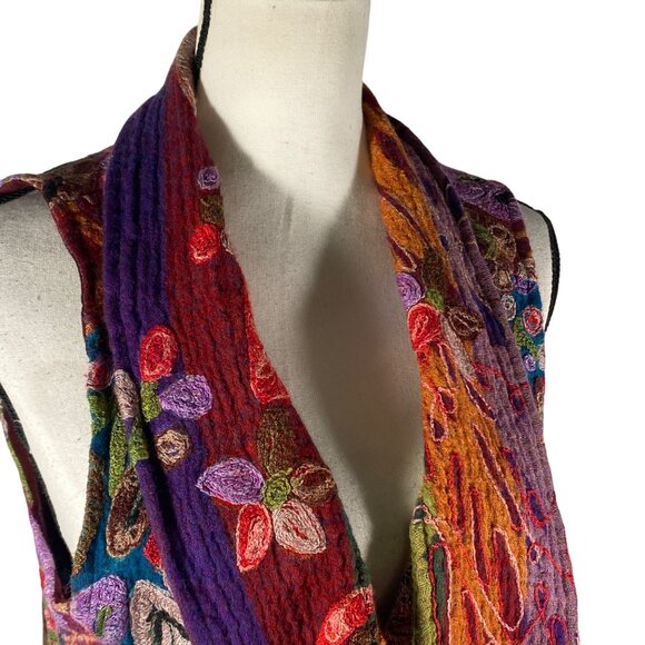 Handmade Anu XL Colorful Wool open Vest Embroidered Floral Design Fringe boho - Picture 7 of 12
